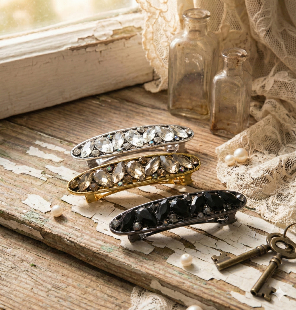Radhu & Kabby Premium Crystal Metal Barrette Set | Elegant Sparkle Hair Clips | Silver, Gold & Black | Pack of 3