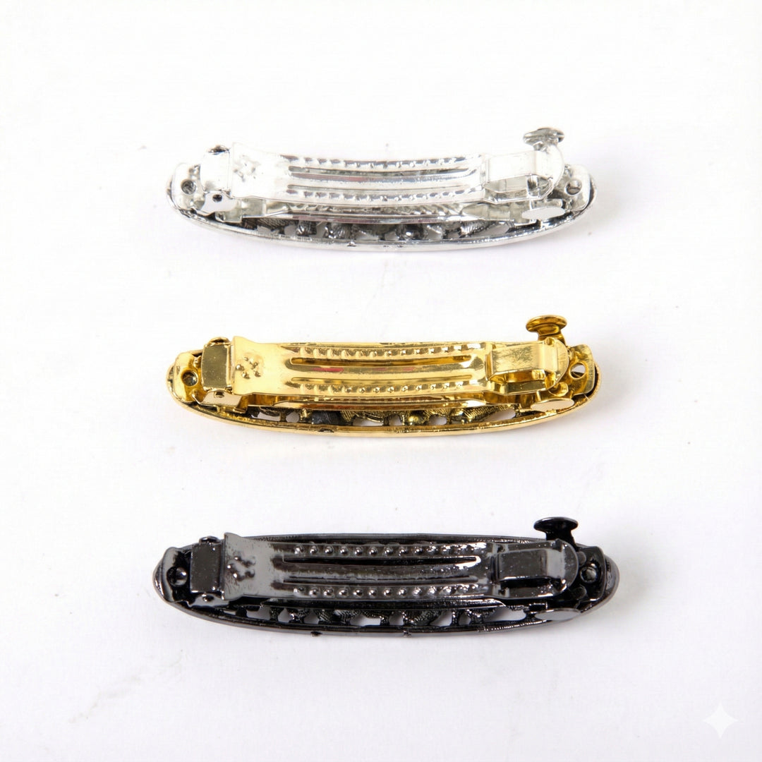 Radhu & Kabby Premium Crystal Metal Barrette Set | Elegant Sparkle Hair Clips | Silver, Gold & Black | Pack of 3