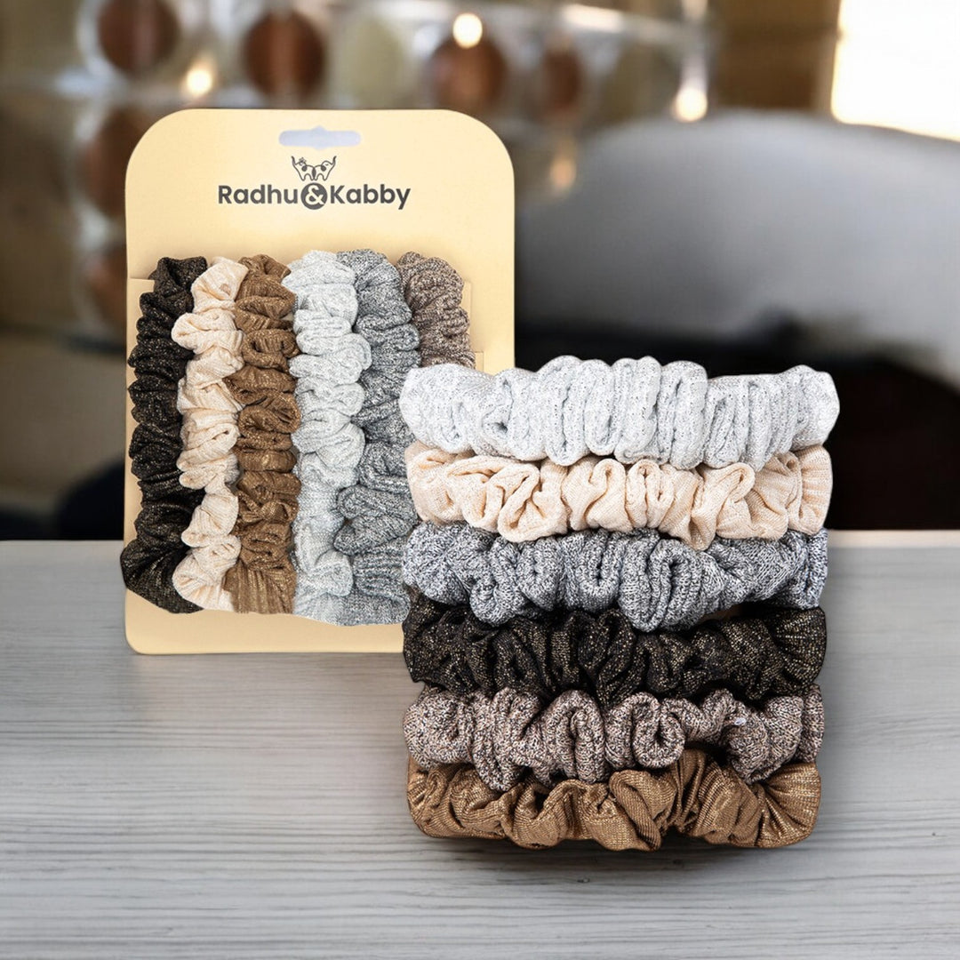 Radhu & Kabby Metallic Scrunchies for Women – Pack of 6 Glitter Hair Ties