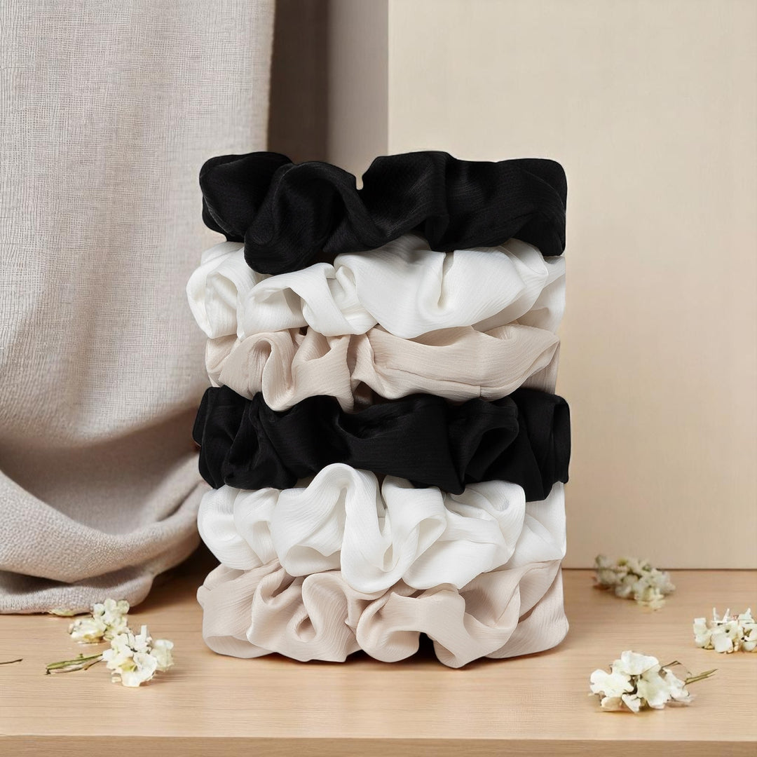Radhu & Kabby Hair Scrunchies for Girls/Women | Set of 6 Elegant Neutral Shades | Hair Ties for Everyday & Special Occasions