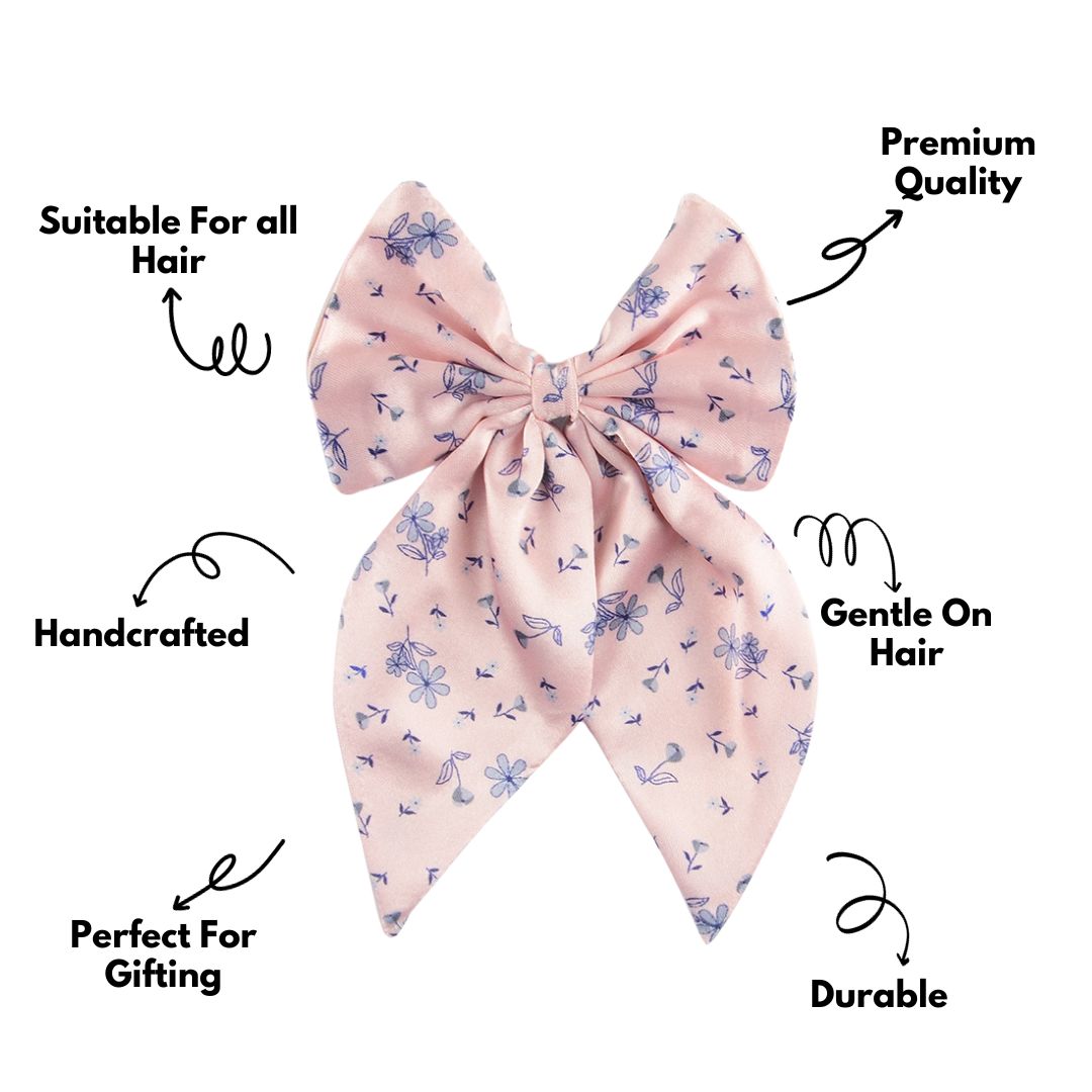 Pink Floral Print Hair Bow Clip Satin Hair Accessory Pack of 1