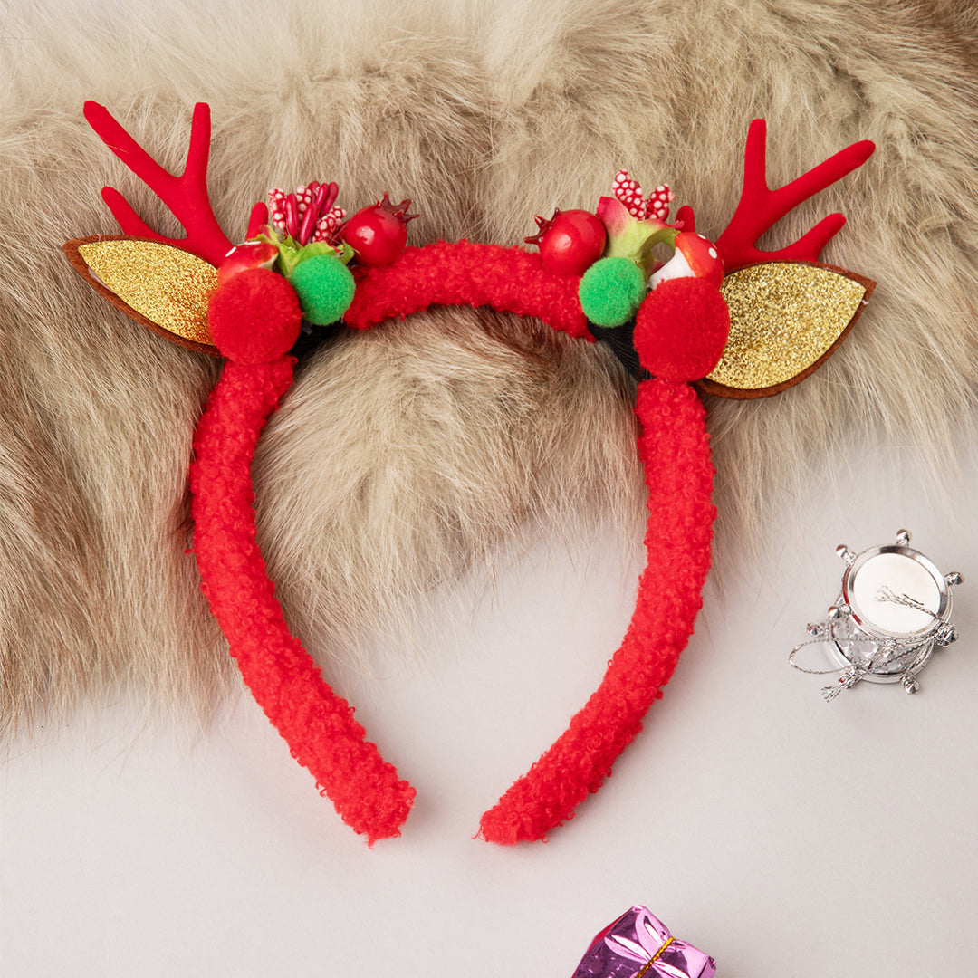 Christmas Reindeer Antler Hairband With Golden Ears 1 Piece