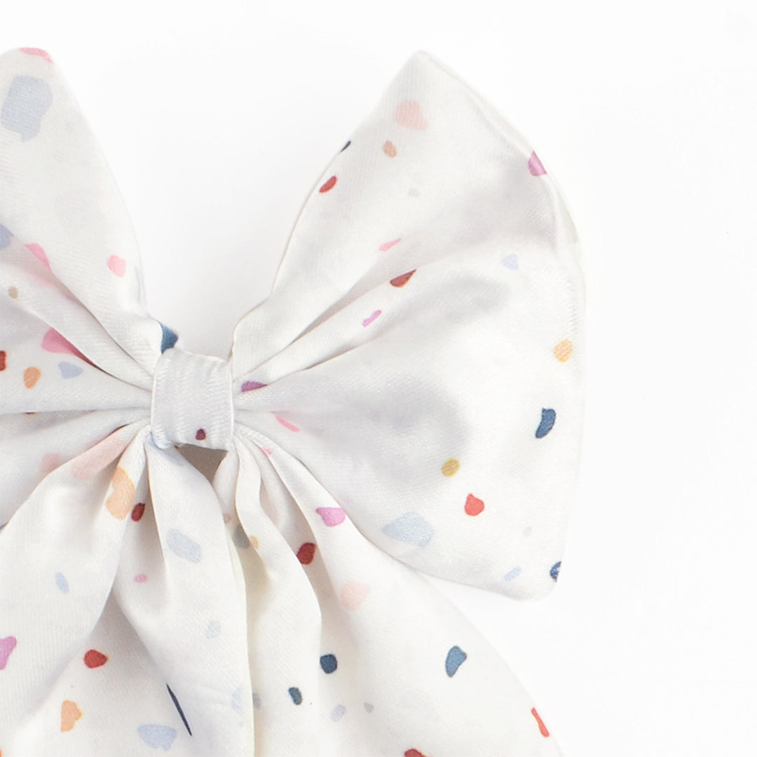 White Satin Hair Bow Clip with Confetti Print Set of 1