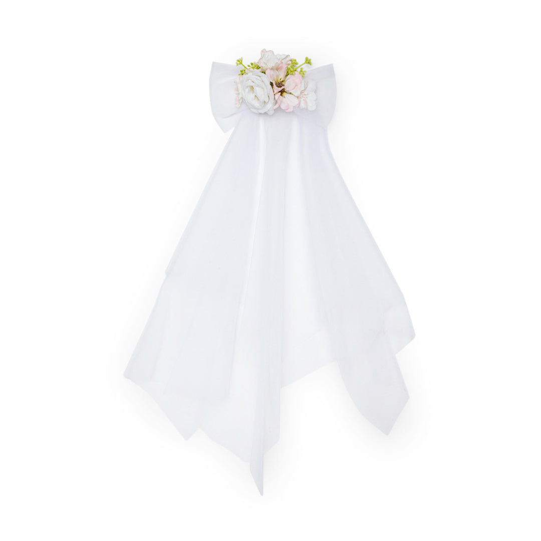 White Hair Bow with Veil Flower Embellishments One Piece